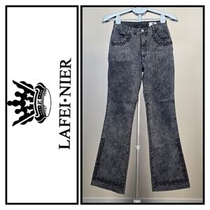 Lafei-Nier – Embellished Gray Acid Wash Jeans, Size 6